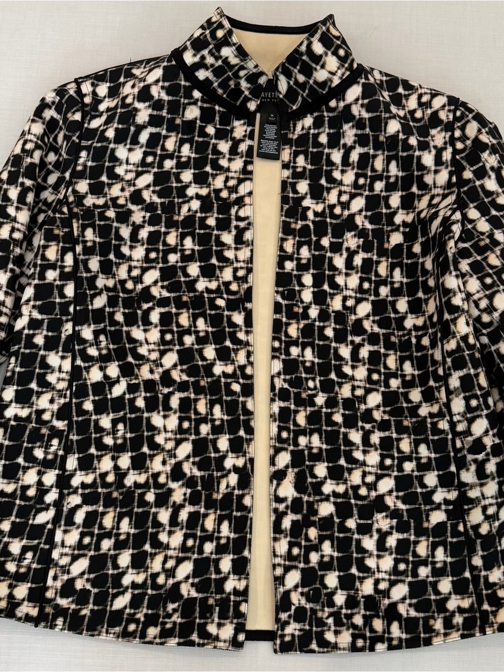 Lafayette 148 New York Open Front Jacket Blazer Black Cream Geo Print Womens M